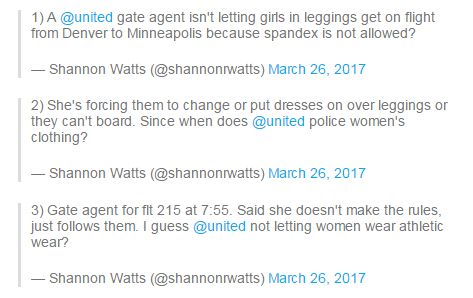 1、 一名联合航空的工作人员拦下这些穿着打底裤的女孩，拒绝她们登机，原因是不允许穿打底裤？航班是从丹佛前往明尼阿波利斯。