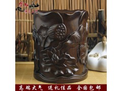 黑檀木荷花笔筒 红木笔筒实木雕刻手工艺品图1